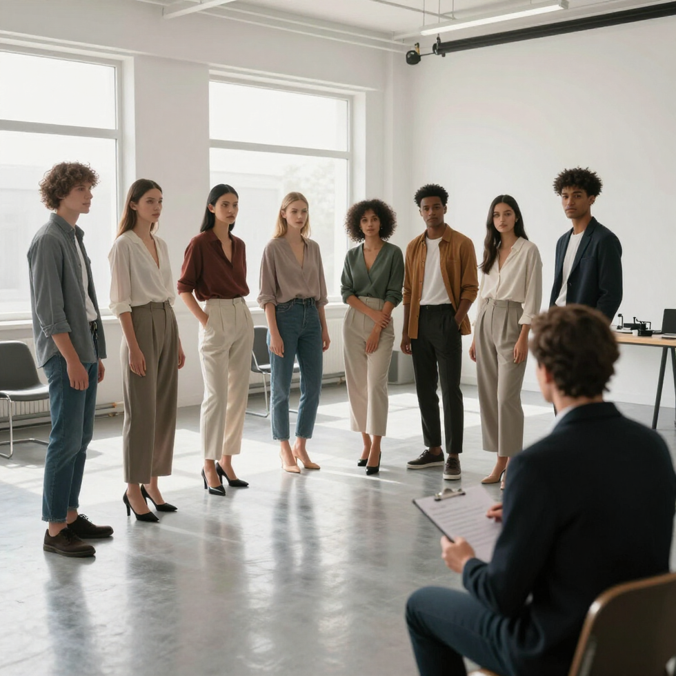 Grupo de candidatos para una entrevista de trabajo en una sala luminosa, con los solicitantes de pie frente a un entrevistador sentado que sostiene notas.