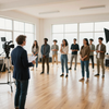 Un pequeño grupo de personas se encuentra de pie en un estudio luminoso mientras un presentador habla junto a un trípode de cámara.