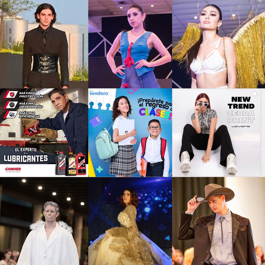 Collage de nueve retratos de eventos de moda en alfombras rojas y fondos de escenario, con modelos luciendo diseños de alta costura.
