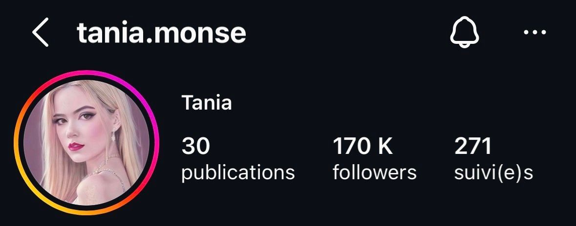 Página de perfil de Instagram de “tania.monse” con foto de perfil de cabello rosa y 170 mil seguidores.