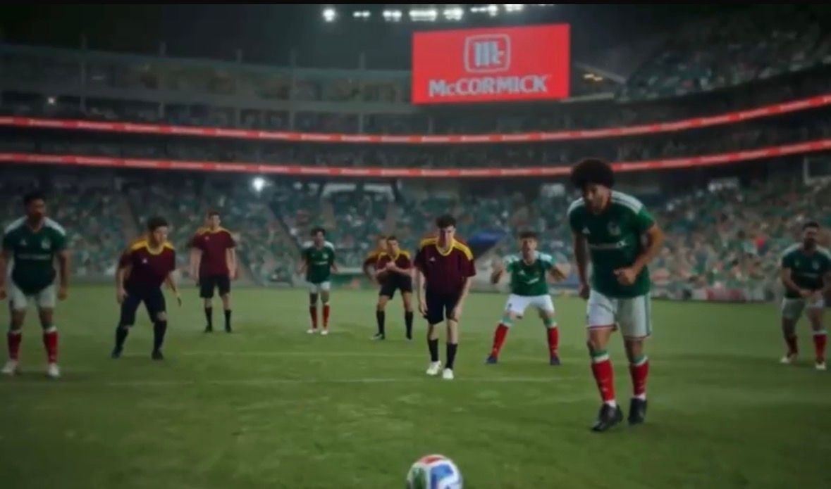 Jugadores de fútbol se alinean en un estadio, con un jugador vestido de verde preparándose para disparar cerca del balón.