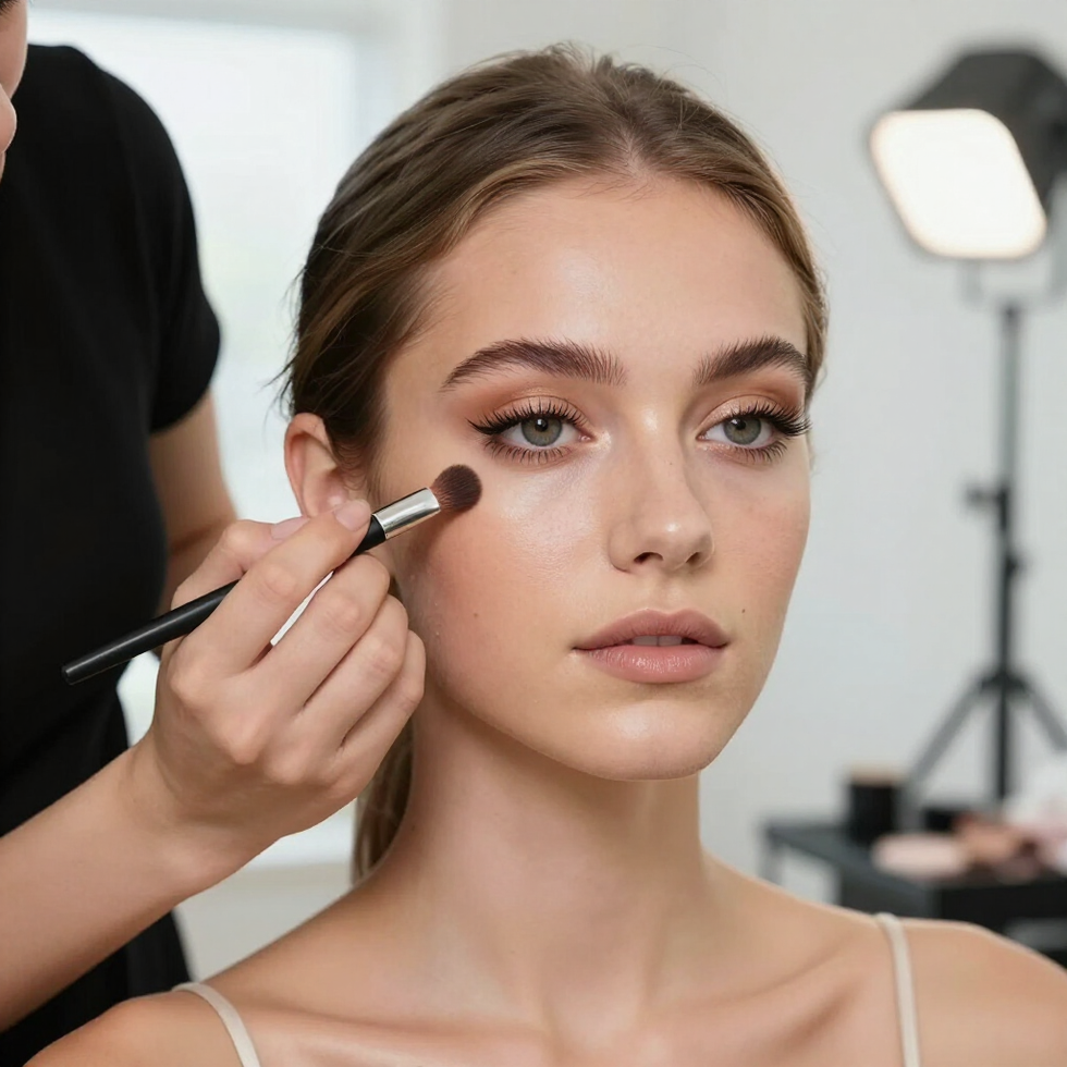 Maquilladora aplicando colorete a una mujer en un estudio.