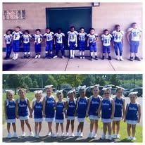 Top: Groups of people in football uniforms standing outside a building. Bottom: Cheerleaders in various uniforms posing outside.