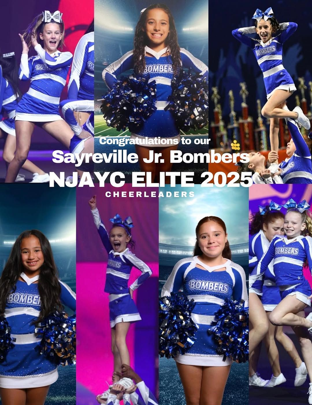 Sayreville Jr. Bombers cheerleaders celebrating NJAYC Elite 2025. Blue and white uniforms, pom-poms, smiling.