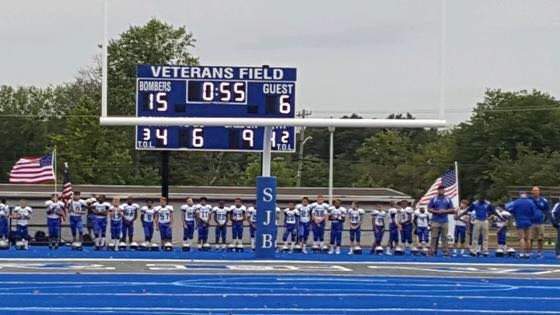 Football game scoreboard: home 15, guest 6, time 0:55, with teams in blue and white on the field.