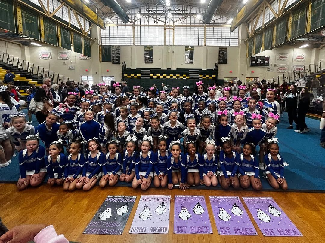 Cheerleaders in blue and pink uniforms pose in a gym with cards.