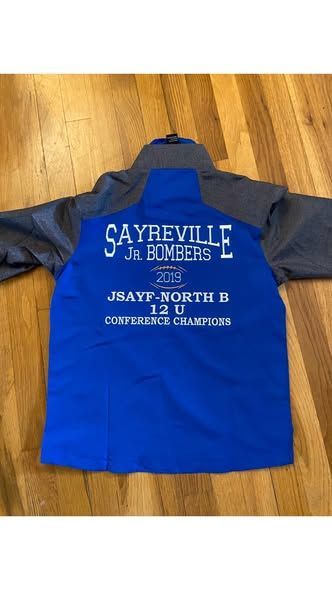 Blue and gray Sayreville Jr. Bombers jacket, 2016, with text 