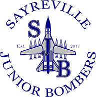 Sayreville Junior Bombers logo with a jet silhouette, blue and white colors, in a circular design.