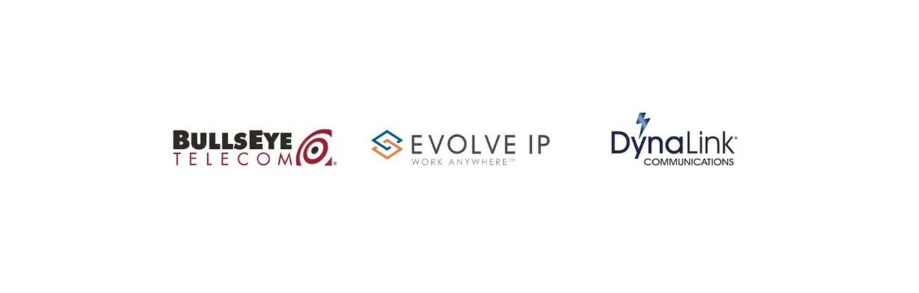 Three logos for bullseye telecom , evolve ip , and dynalink are lined up on a white background.