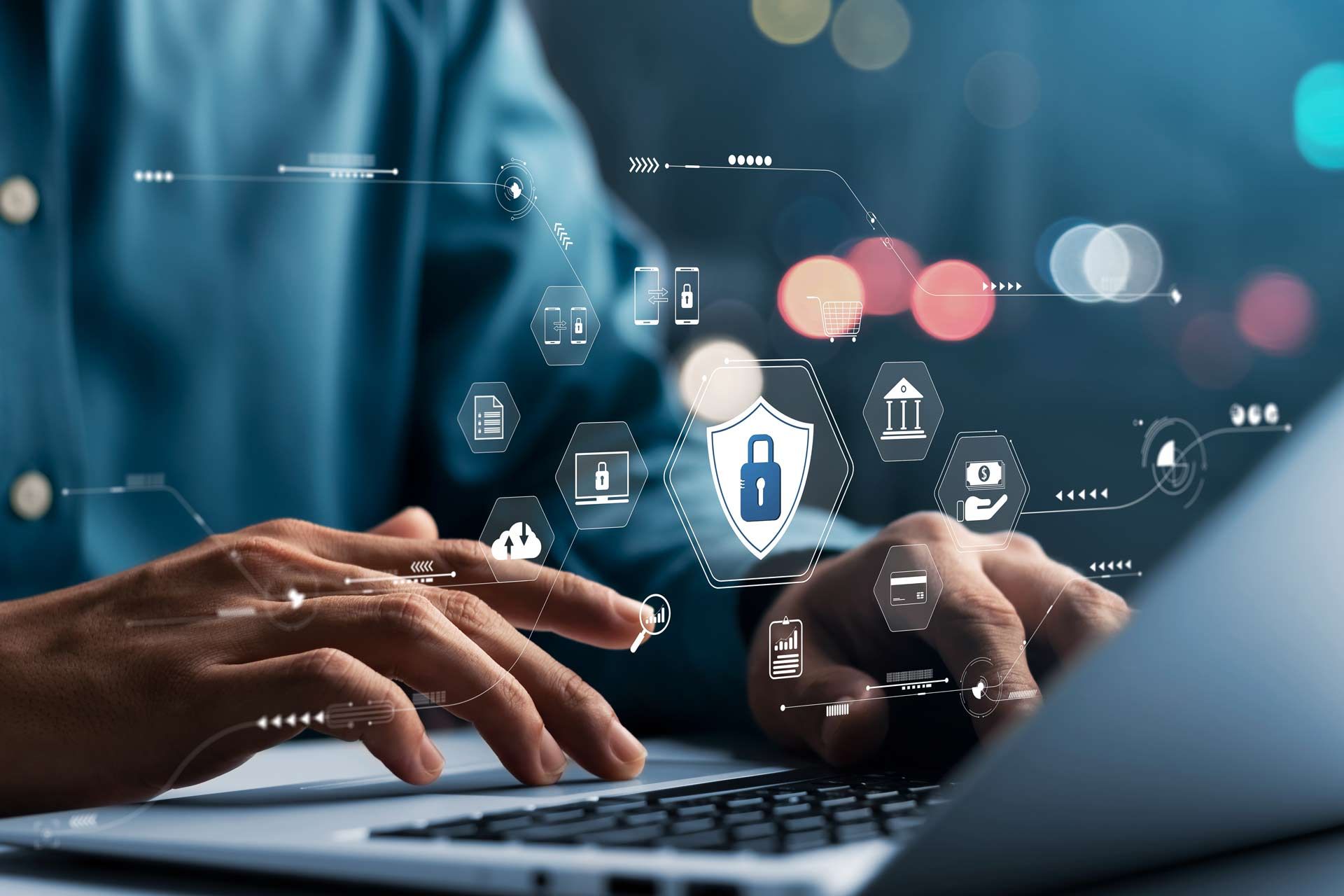 Businessman typing on computer representing cybersecurity, part of commercial technology