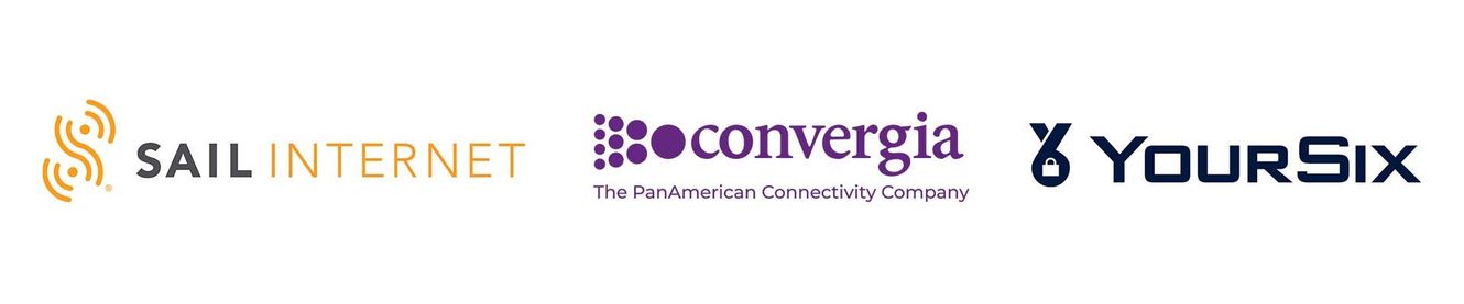 Sail internet convergia and yoursix logos on a white background