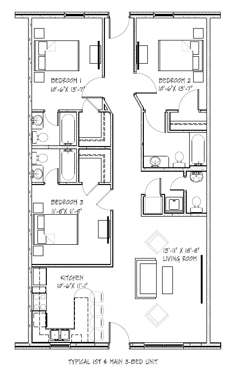 Floor plan of a four-bedroom, two-bath apartment unit with labeled rooms: bedrooms, kitchen, living room.
