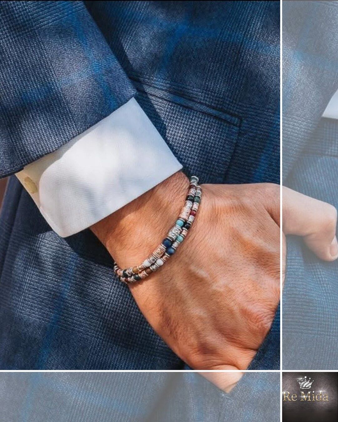 Polso di un uomo con un braccialetto di perline, che indossa una giacca blu e un polsino di camicia bianco.