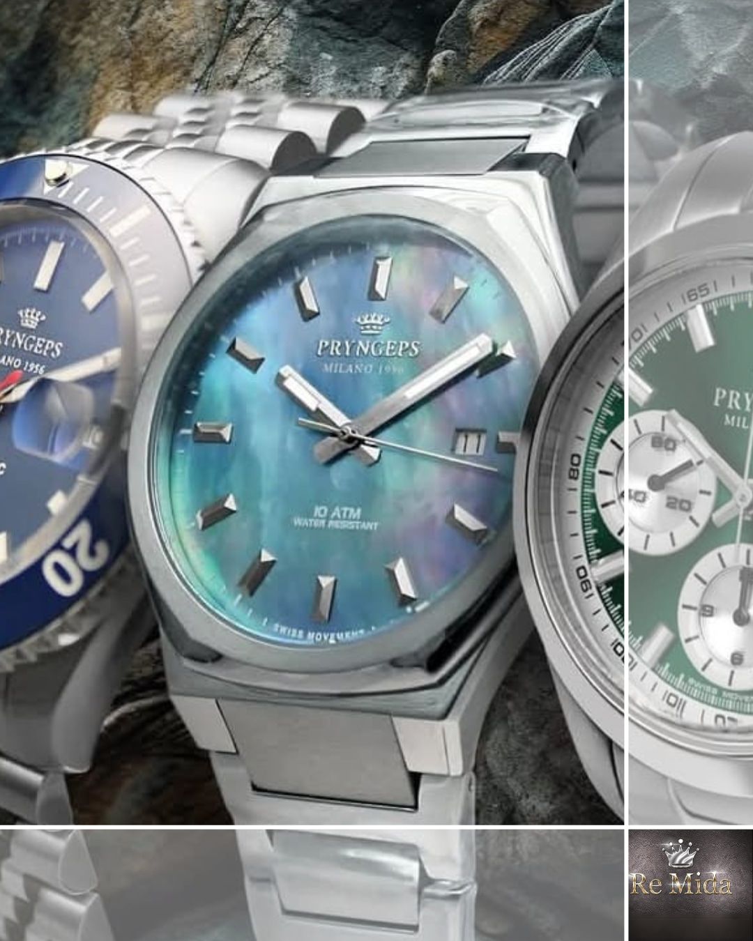Primo piano di tre orologi da polso in metallo. L'orologio centrale ha un quadrante in abalone blu, mentre gli altri hanno quadranti blu e verdi.