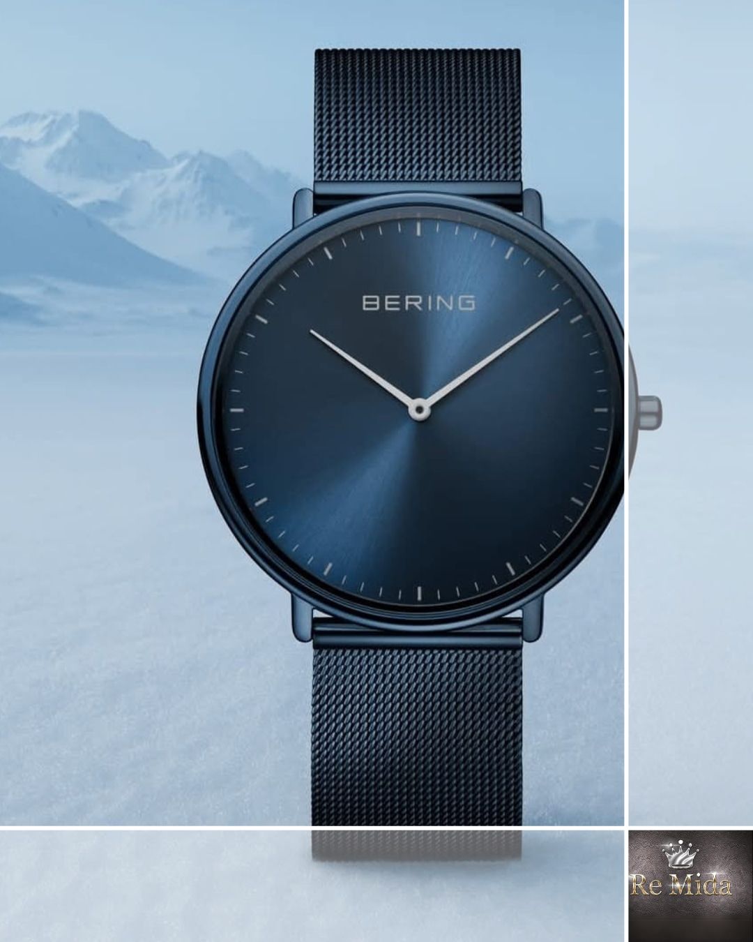 Orologio Bering blu con cinturino in maglia metallica sullo sfondo di montagne innevate.