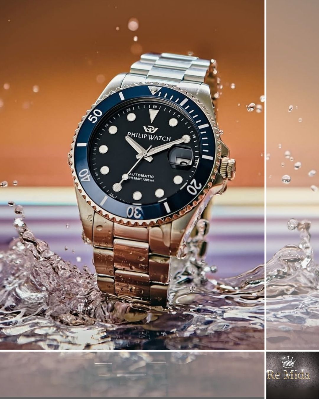 Orologio con lunetta blu e cinturino argentato con motivo a schizzi d'acqua.