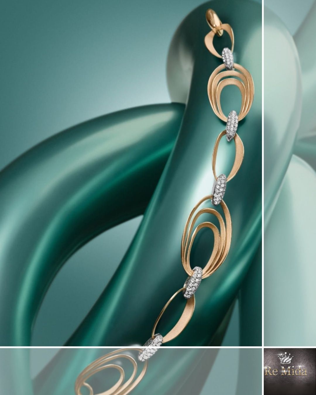 Bracciale in oro con maglie ovali e diamanti su sfondo verde acqua.