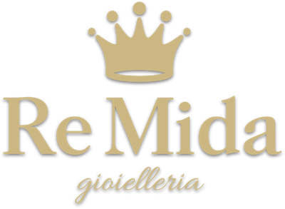 Logo per Re Mida gioielleria, caratterizzato da una corona dorata sopra un testo dorato su sfondo bianco.