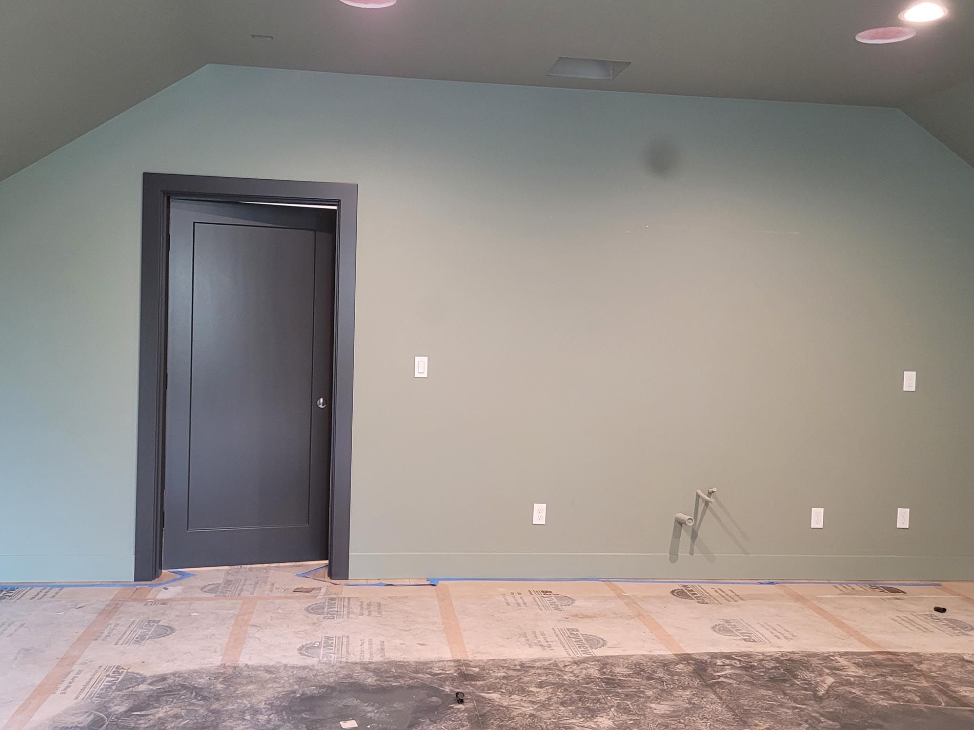 An empty room with a black door and green walls.