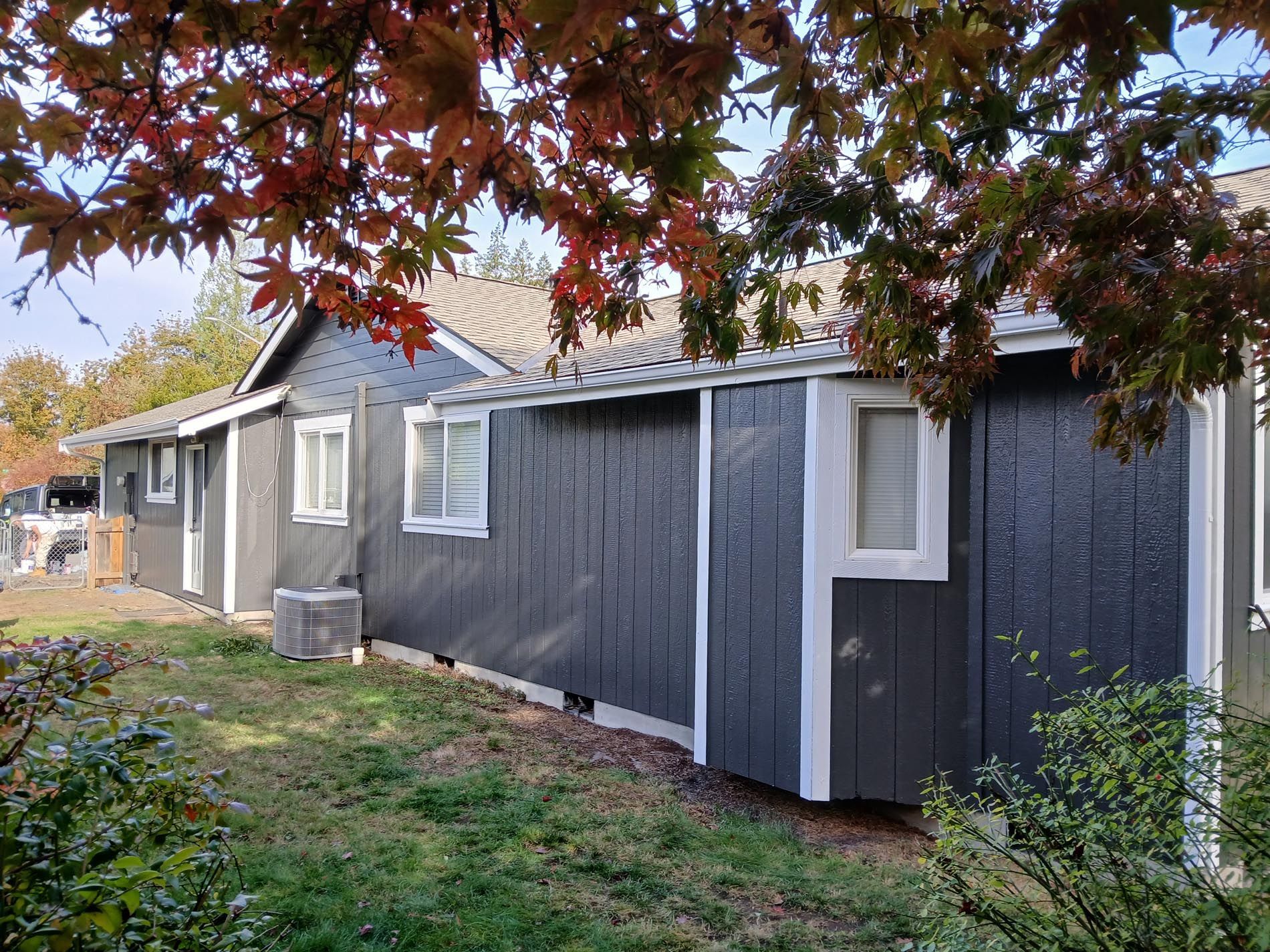 A house with a shed in the backyard and a tree in the foreground.