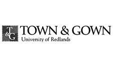 The logo for town & gown university of redlands is black and white.