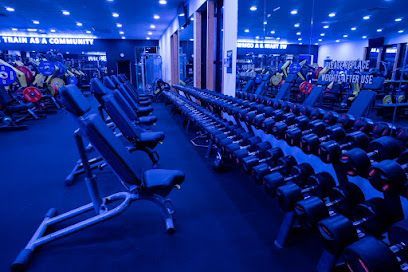 Gym interior with rows of dumbbells and weight benches, bathed in blue light.