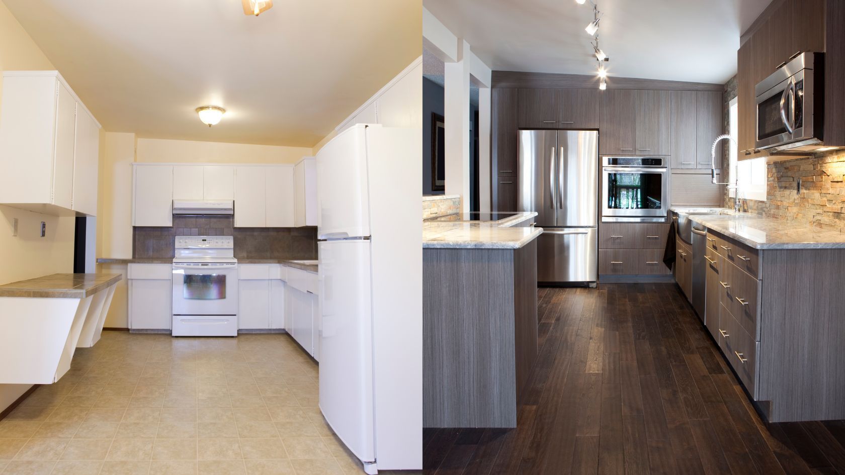 Before and after shots of a kitchen remodel: White to gray cabinets, new appliances, wood flooring, and granite countertops.