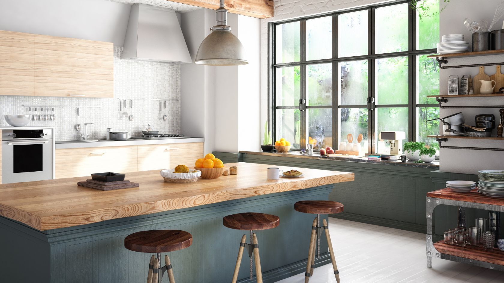 Kitchen with wooden island, stools, large window, oven, and shelves.