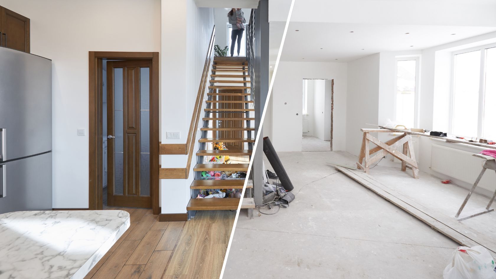 Split view of a kitchen: finished with wood floors, staircase, and a refrigerator; and a room under construction.