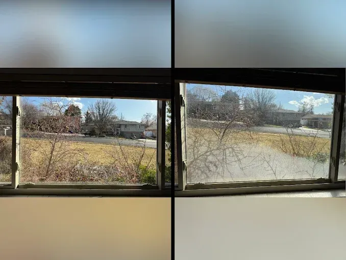View through two windows: sunny outdoor scene with houses and trees.