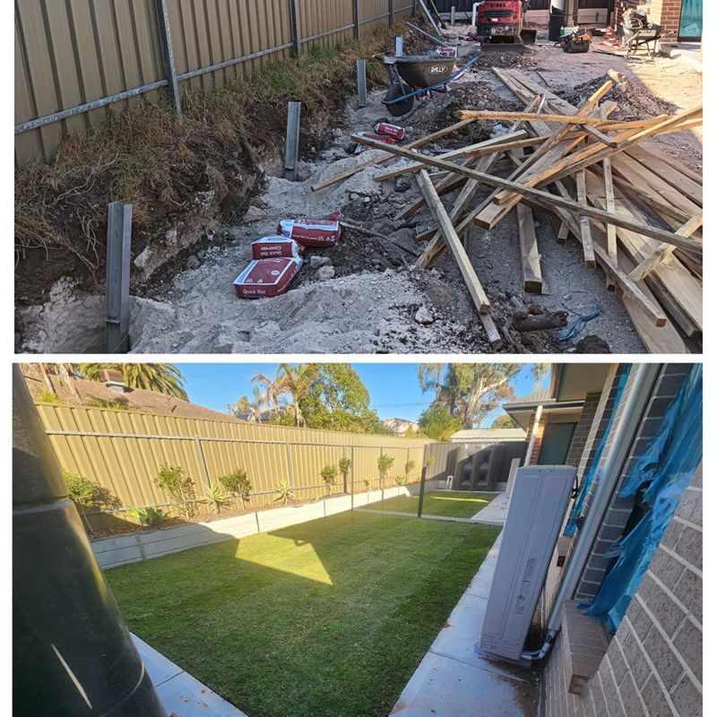 Construction site transformation. Before: Dirt, debris, bags of cement. After: Lawn, fence, clean outdoor space.