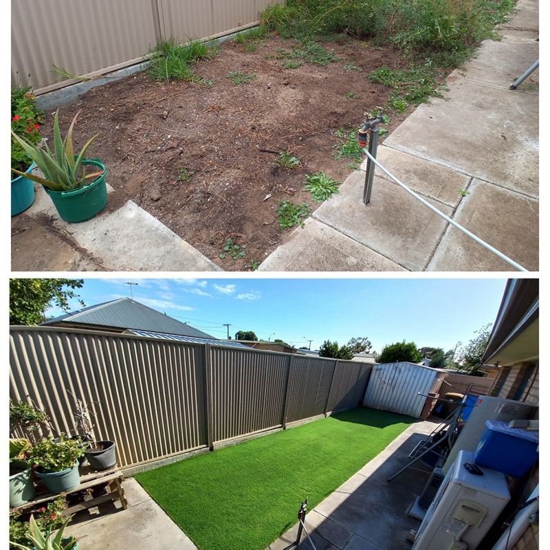 Before and after of a backyard: bare dirt transforms into lush green artificial turf with a new fence.