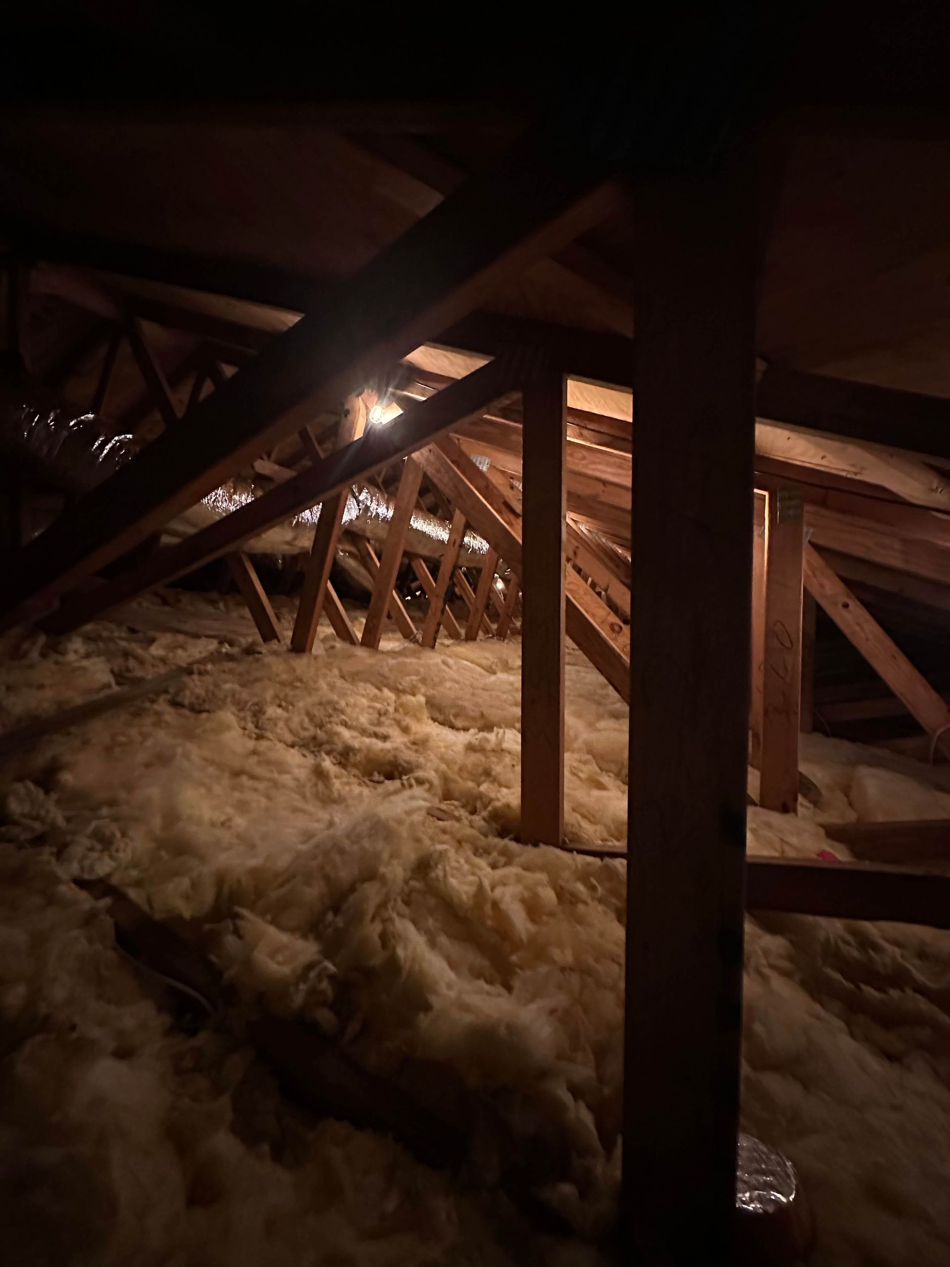 A dark attic with a lot of insulation and wooden beams.