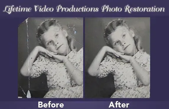 Photo restoration comparison: A black and white photo of a girl with damage on the left is restored on the right.