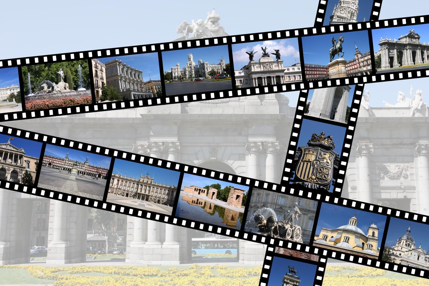 Film strips with images of architectural landmarks overlay a blurred background of a building.