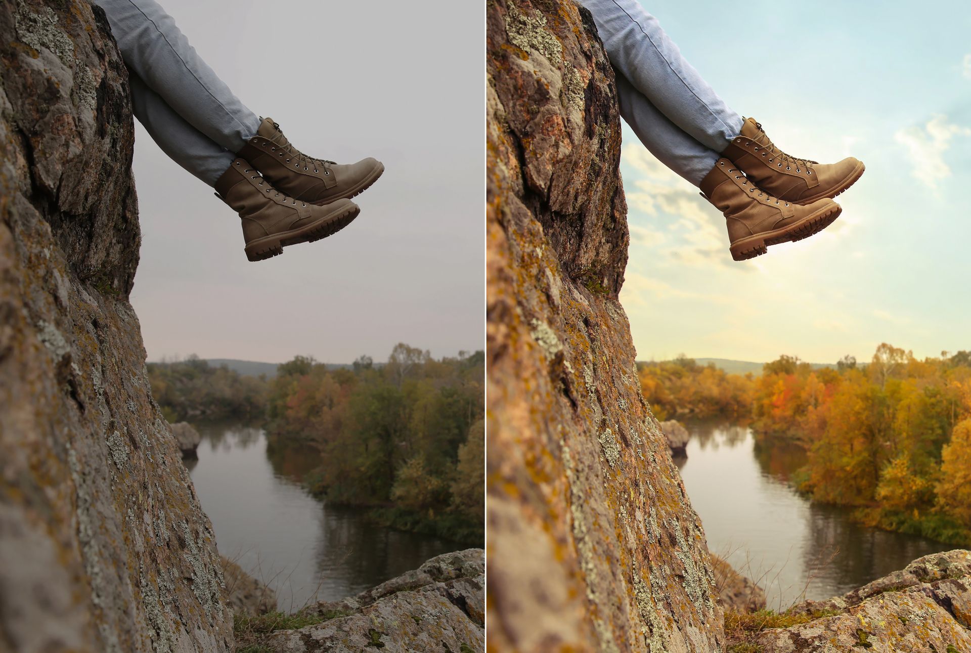 Person in boots, hanging legs off a cliff overlooking an autumn river and colorful trees; before/after color correction.