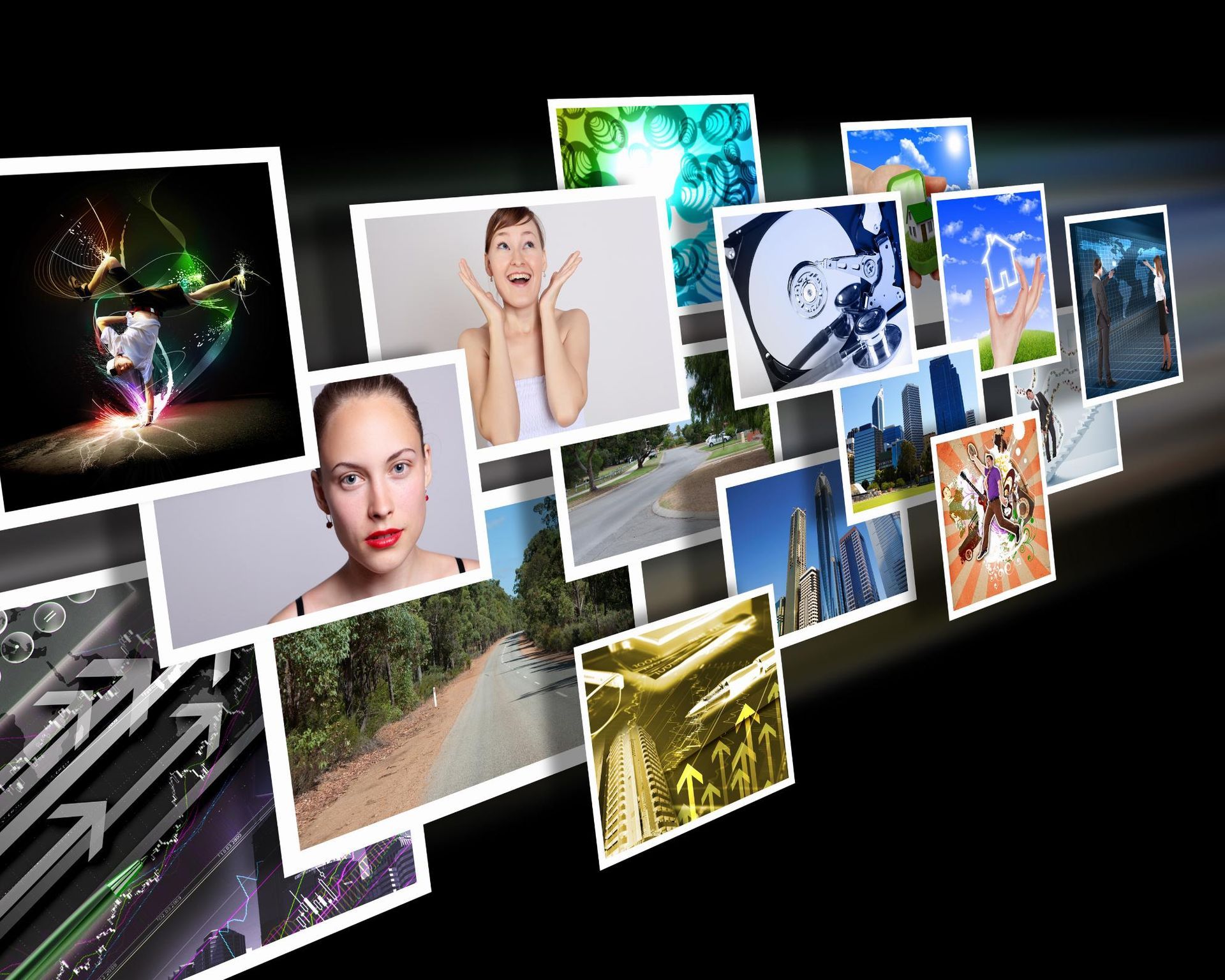 A collection of photos floating on a black background, showcasing various subjects with a burst of light.