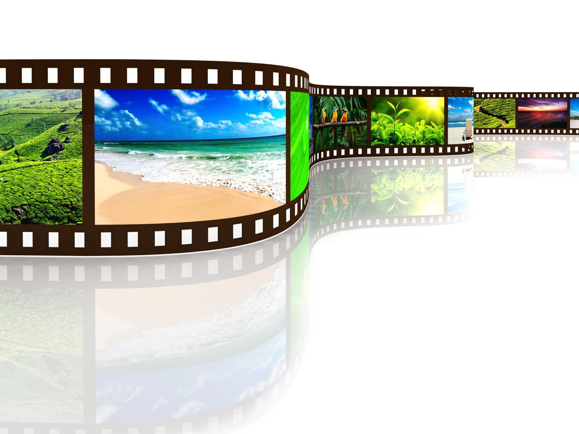 Film strip with various scenic images, including beach, green foliage, and sunset.