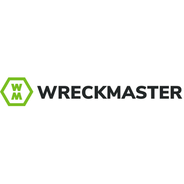Wreckmaster logo: Green hexagon with "WM" inside, beside black text "WRECKMASTER".