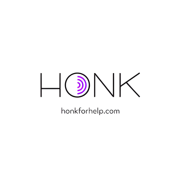 "HONK" logo with a sound wave in a circle; purple accent, "honkforhelp.com" below.