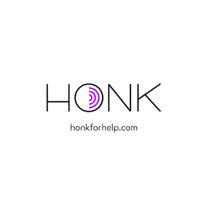 "HONK" logo with a sound wave in a circle; purple accent, "honkforhelp.com" below.