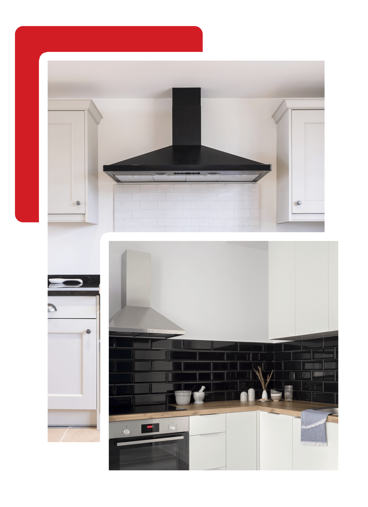 Black Enamel Oven Range Cooker with Chimney Hood in a Modern Kitchen — Brisbane, QLD — Rangehood Installation and Ducting Services Pty Ltd