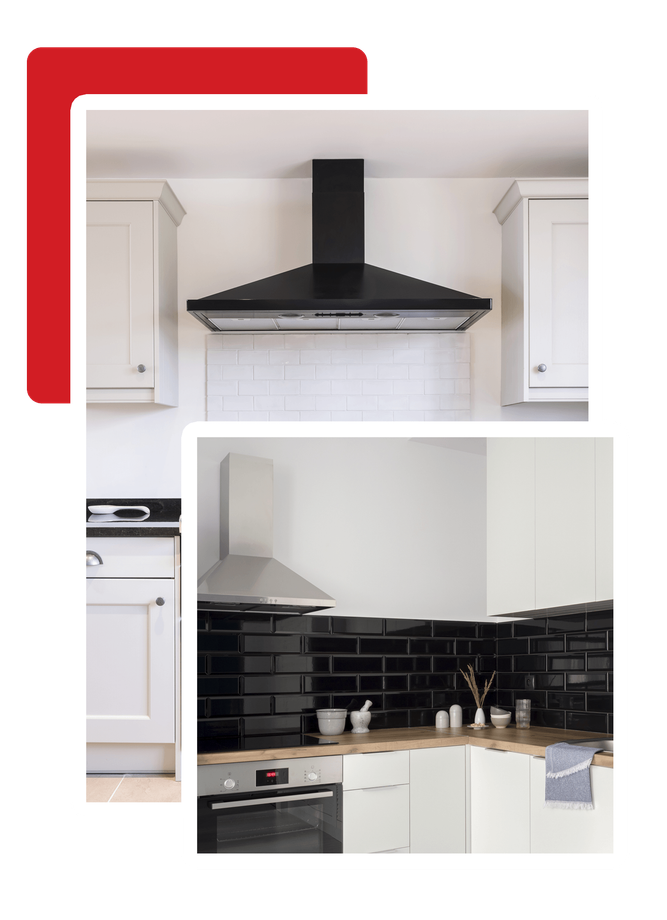 Black Enamel Oven Range Cooker with Chimney Hood in a Modern Kitchen — Brisbane, QLD — Rangehood Installation and Ducting Services Pty Ltd