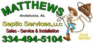 Logo for Matthews Septic Services in Andalusia, AL, featuring a cartoon cowboy lassoing an animated poop emoji.