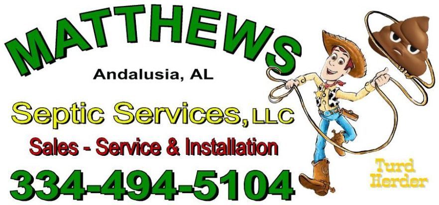 Logo for Matthews Septic Services in Andalusia, AL, featuring a cartoon cowboy lassoing an animated poop emoji.