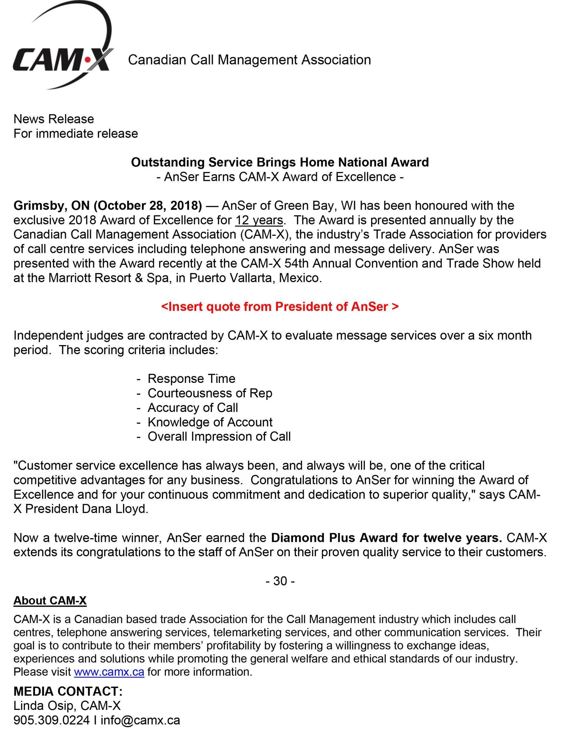 Letterhead: CAM-X Canadian Car Management Association. Text regarding awards event.