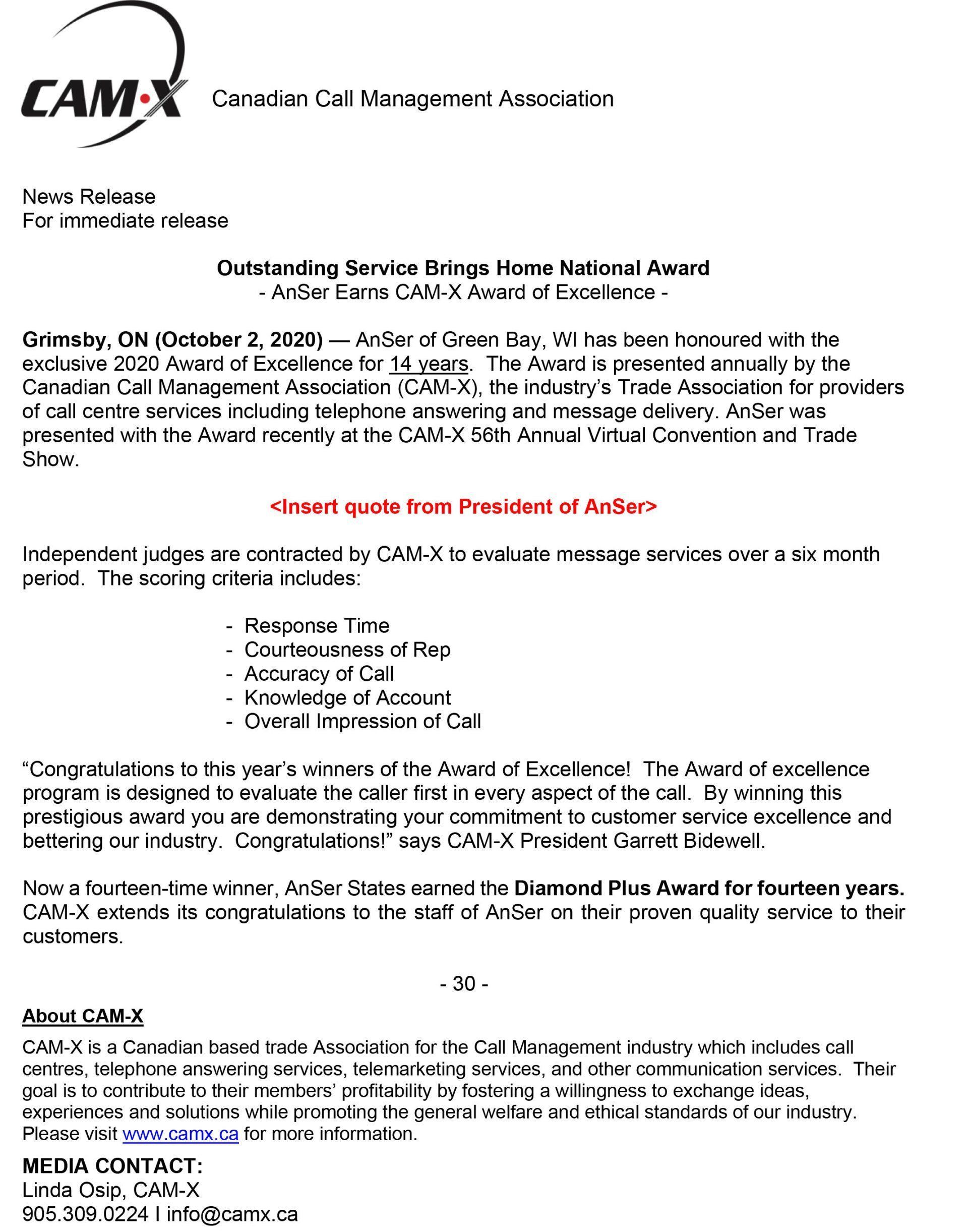 CAM-X letterhead with text detailing a recent accounting services event.