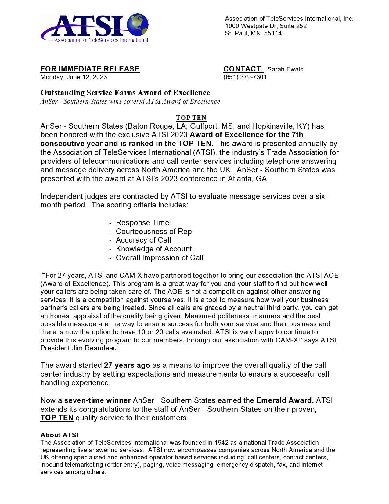 Press release from ATSi with details about an initiative, including contact information and a logo.