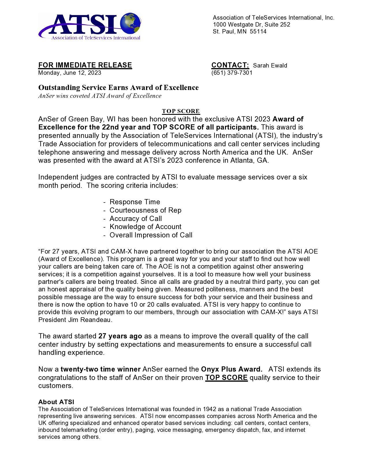 Press release from ATSI: text on white background with logos.