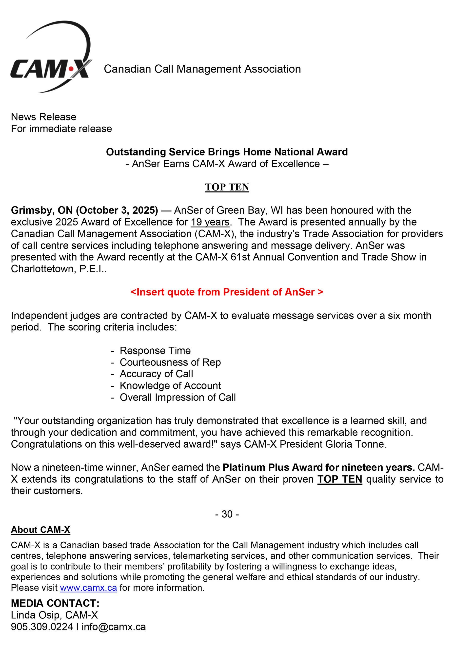 CAM-X award announcement: Outstanding Service & Program National Award details.